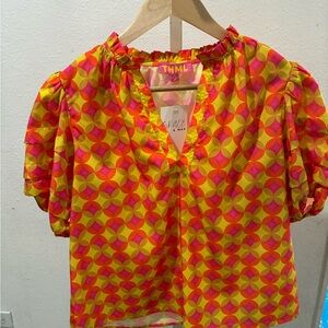 THML Women's Pink and Yellow Geometric Blouse